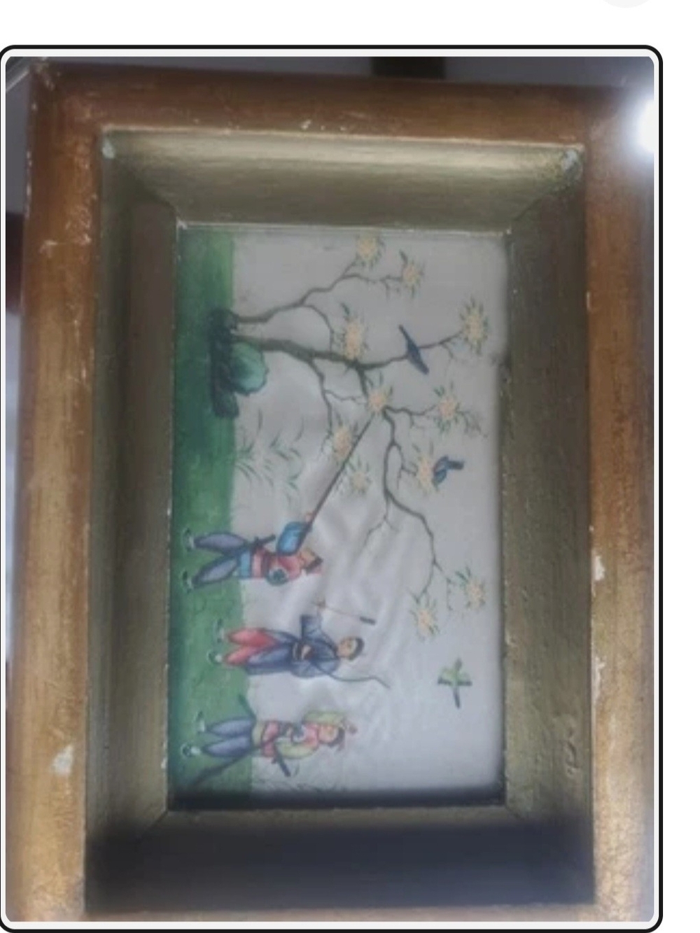 Hand-Painted Asian/Chinese Framed Folk Art Panel in Green and Gold